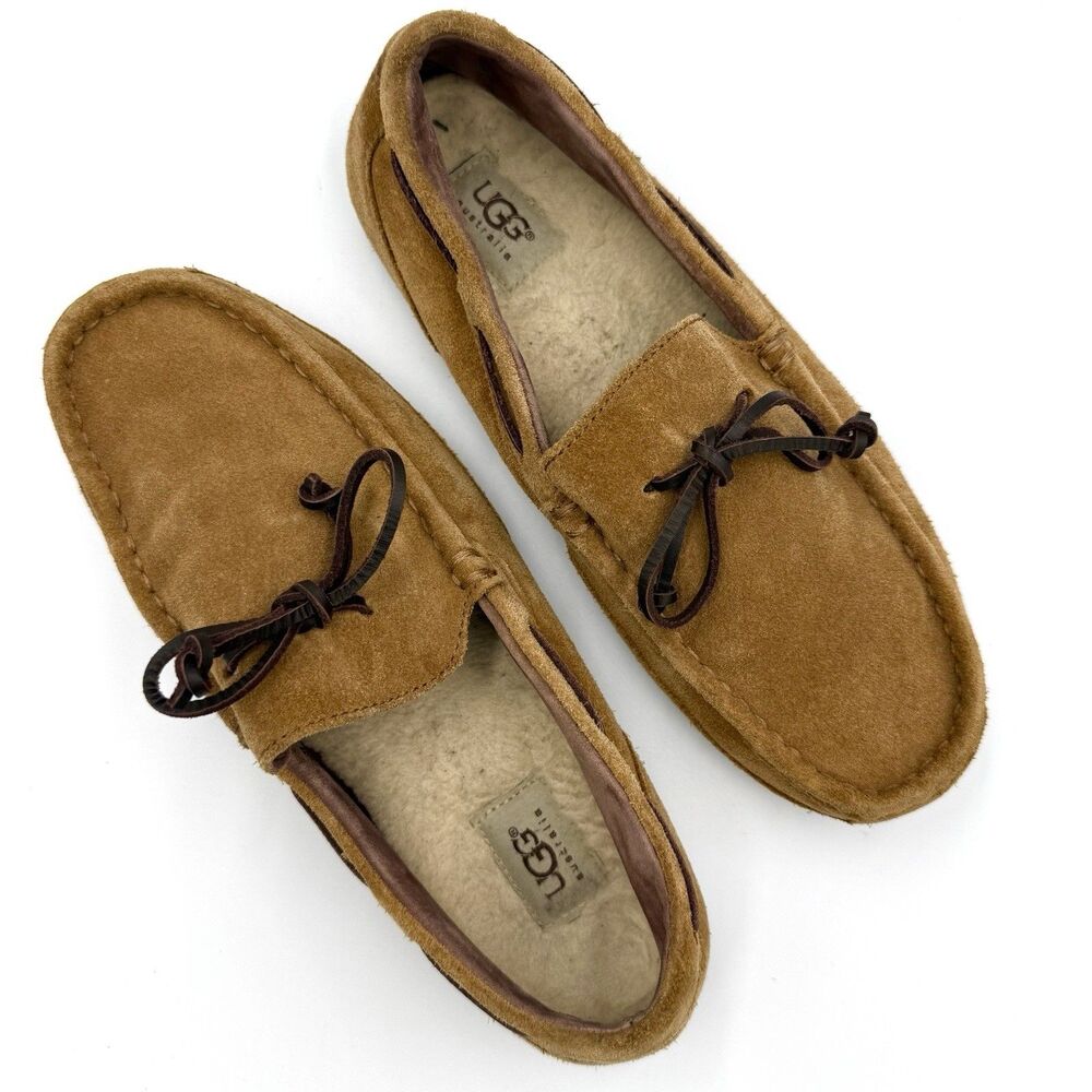 UGG Australia Men’s 9 Brown Suede Shearling Lined Moccasin Boat Shoes